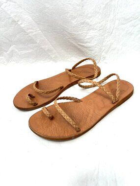 Ancient Greek Sandals braided brown leather EU 40 US 10 Eleftheria natural flat